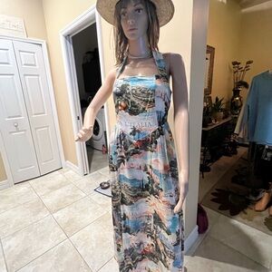 NWT XS White Closet Elements Scenic Print Halter Maxi Dress